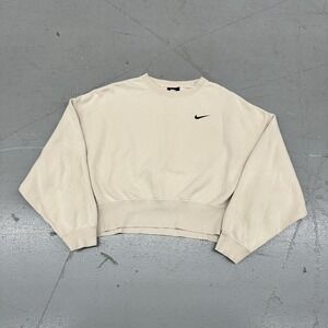 Nike Sweatshirt Womens Small Beige Cropped Crewneck Pullover Fleece Swoosh Logo
